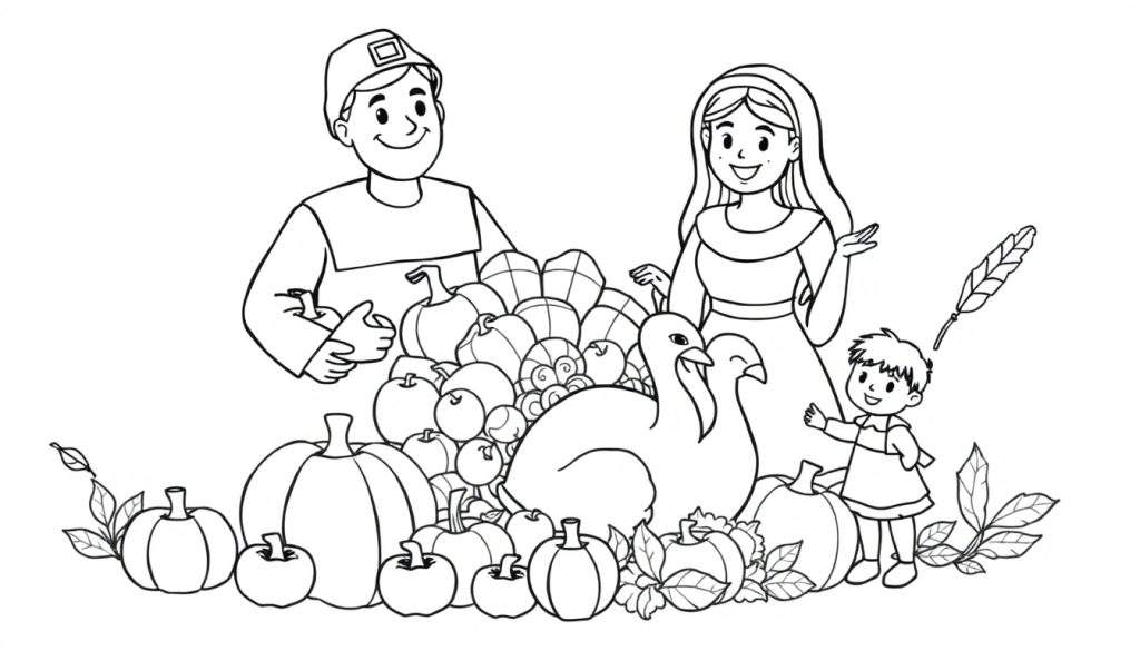A black and white line drawing of a Thanksgiving scene, a color panel featuring pilgrims, turkeys, and harvest bounty.