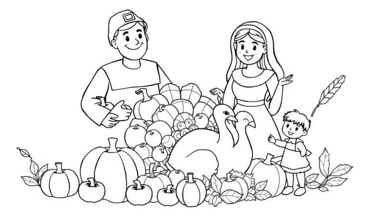 A black and white line drawing of a Thanksgiving scene, a color panel featuring pilgrims, turkeys, and harvest bounty.