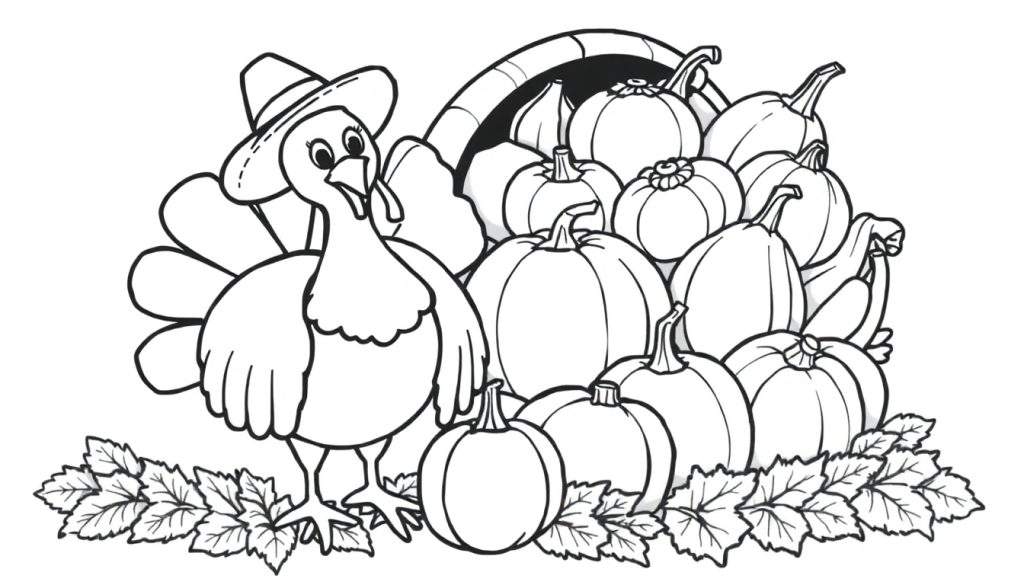A cute pilgrim turkey in a black hat and a cornucopia full of pumpkins and leaves, a ready-to-color panel.