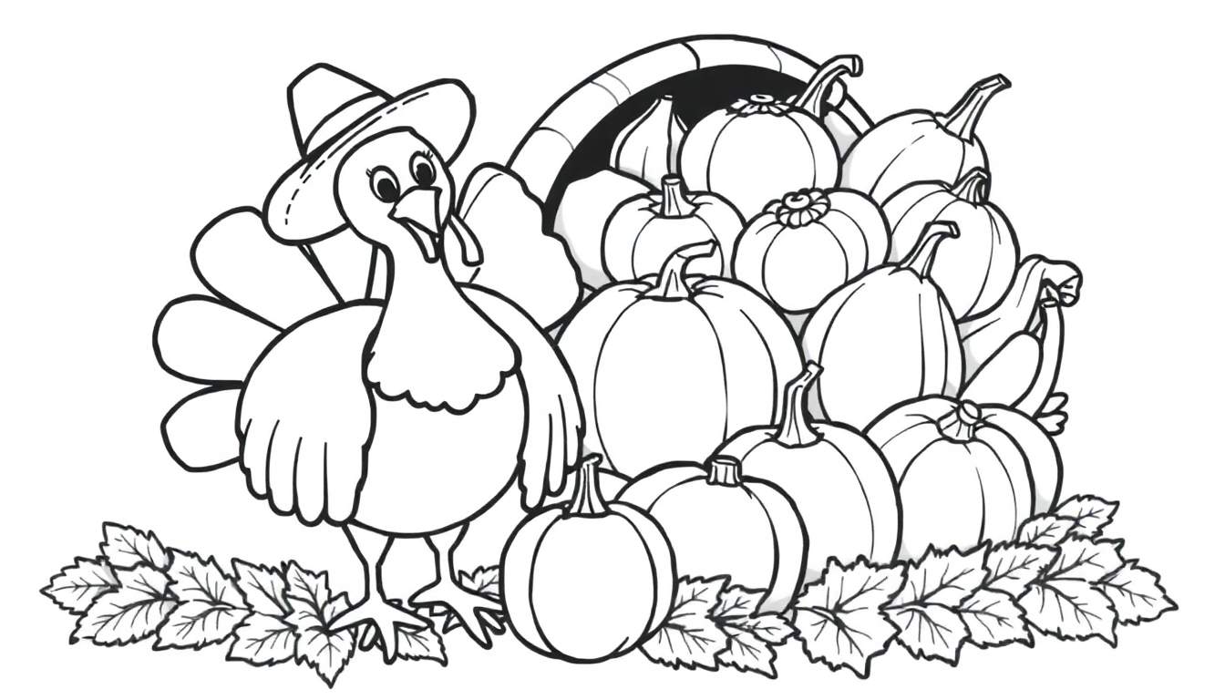 A cute pilgrim turkey in a black hat and a cornucopia full of pumpkins and leaves, a ready-to-color panel.