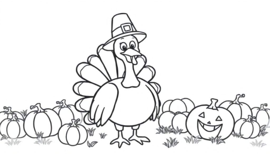 A friendly pilgrim turkey stands with a pumpkin, ready for the Thanksgiving color panel.