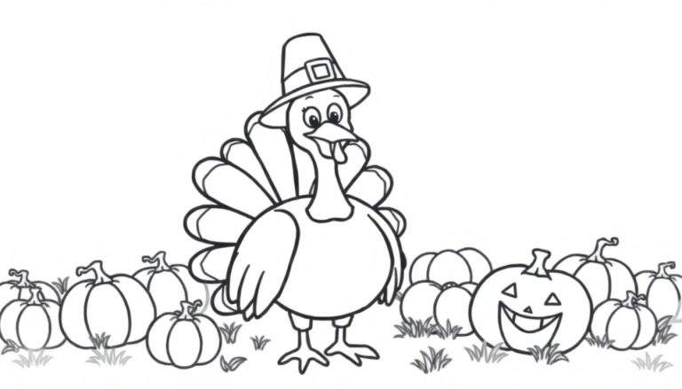 A friendly pilgrim turkey stands with a pumpkin, ready for the Thanksgiving color panel.