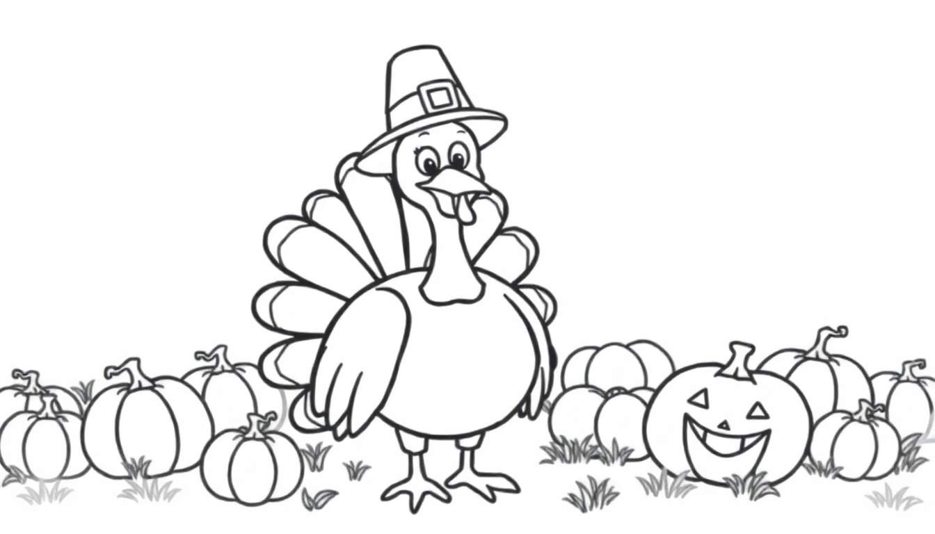 A friendly pilgrim turkey stands with a pumpkin, ready for the Thanksgiving color panel.