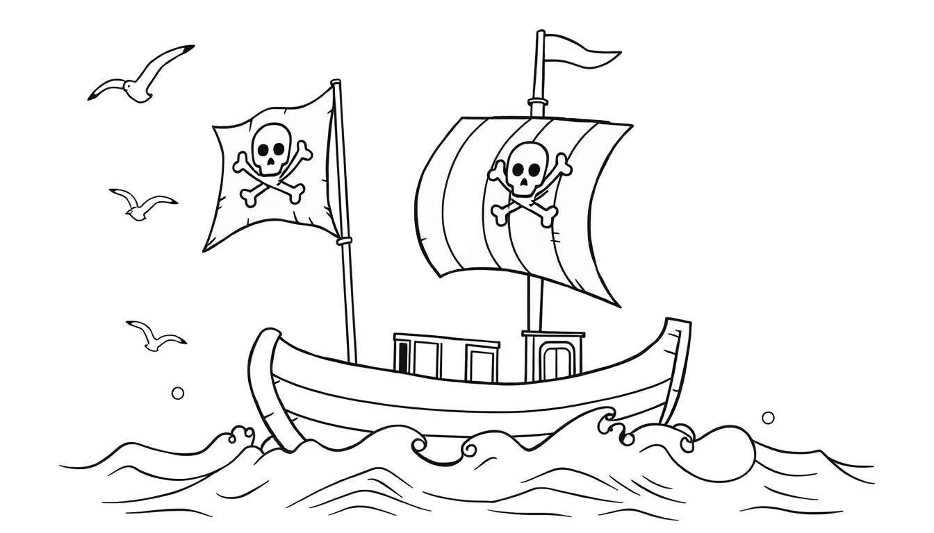 A friendly pirate ship sailing on bubbly waves, a black and white color panel illustration.