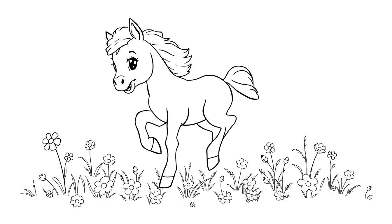 A black and white coloring panel of a playful foal in a flower field.