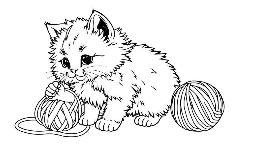 A cute black and white kitten playing with yarn, perfect for a color panel.