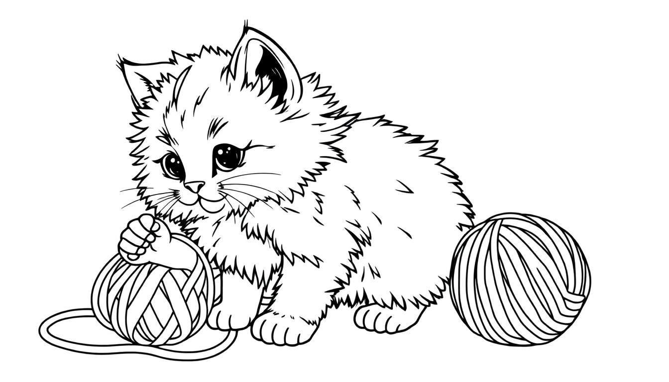 A cute black and white kitten playing with yarn, perfect for a color panel.