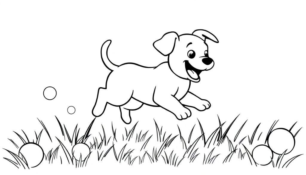 A playful puppy in a black and white outline, jumping through a grass field with colorful circles, a delightful color panel for young artists.
