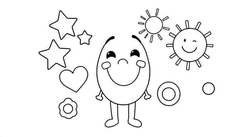 A cute Toca Boca character coloring panel with a happy face, surrounded by stars, a heart, a flower, and suns.