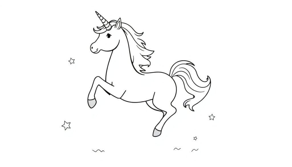 A playful unicorn prancing through stars, a black and white color panel.