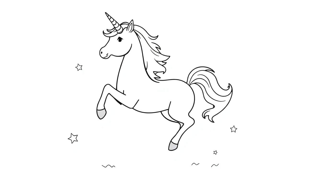 A playful unicorn prancing through stars, a black and white color panel.