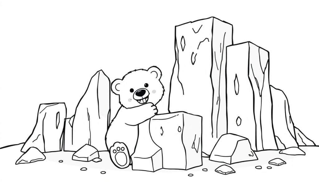 A smiling polar bear cub rests against an iceberg, perfect for a color panel.