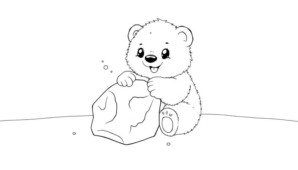 A cute polar bear cub with its tongue out, playing with an ice block on a snowy landscape. Black and white color panel.