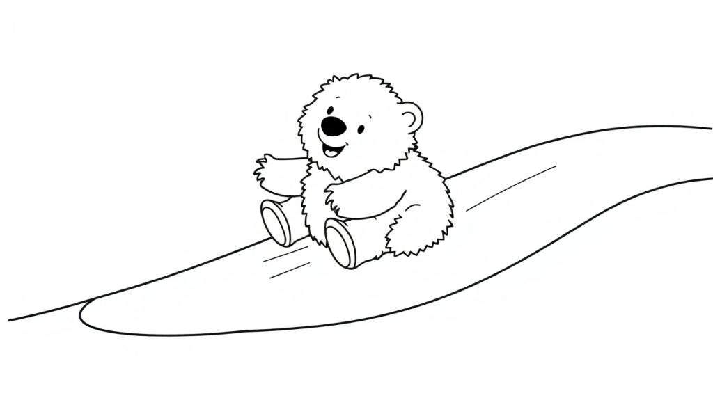 A cartoon polar bear cub on an ice slide, ready for coloring. A fun color panel awaits!