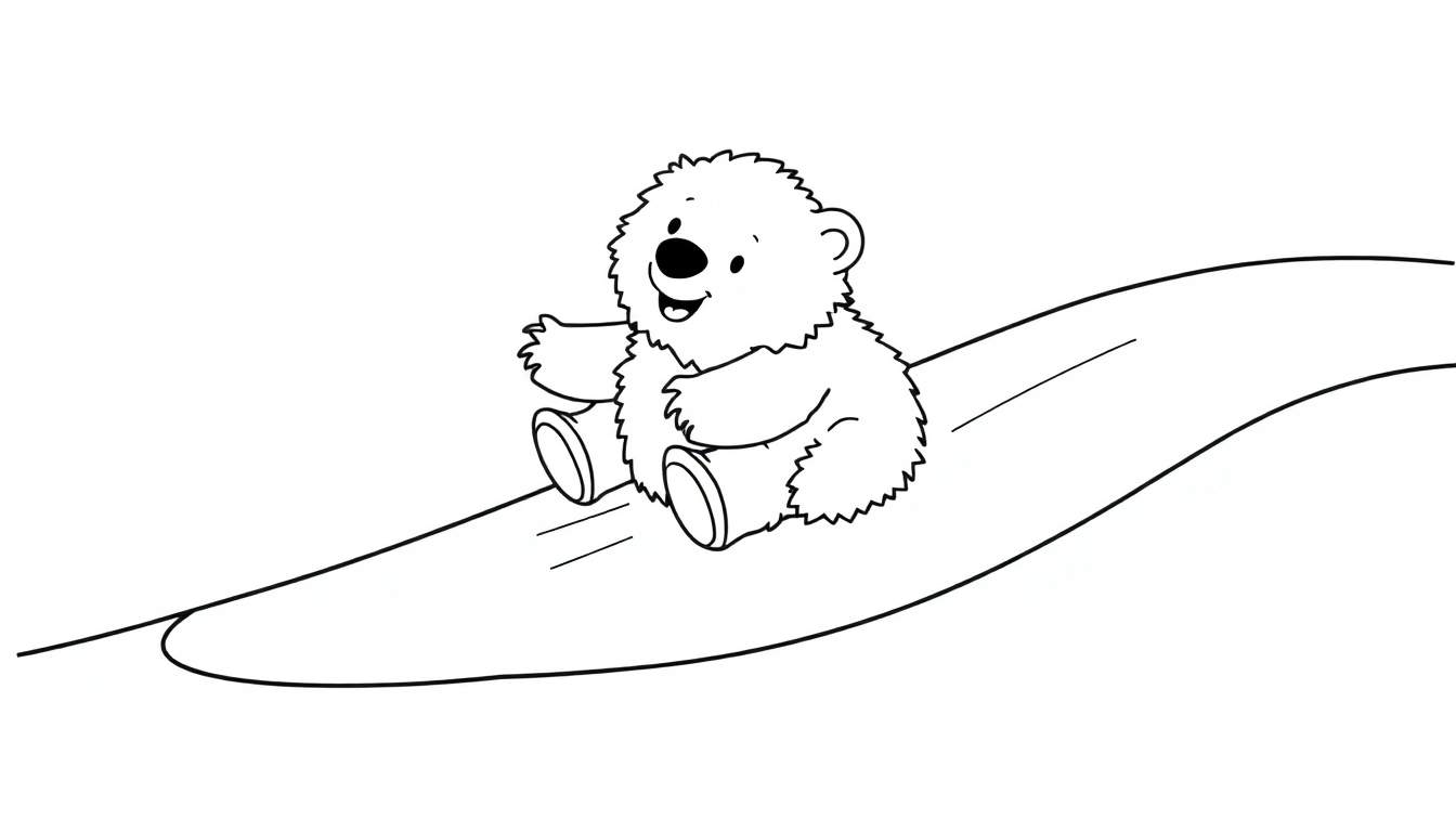 A cartoon polar bear cub on an ice slide, ready for coloring. A fun color panel awaits!