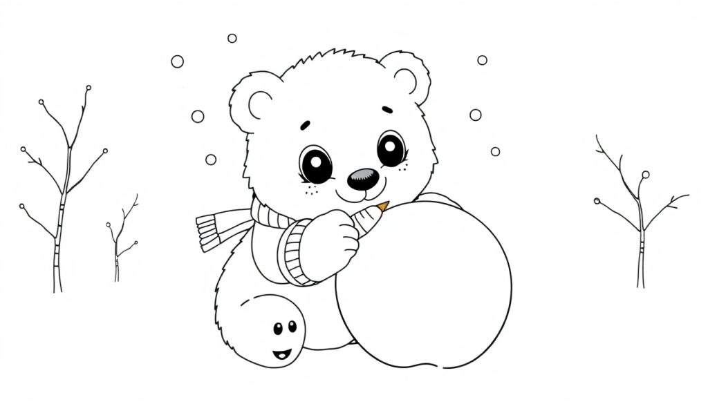 A cute polar bear with a scarf draws on a snowball, a black and white color panel.