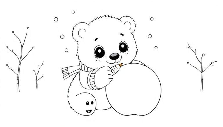 A cute polar bear with a scarf draws on a snowball, a black and white color panel.