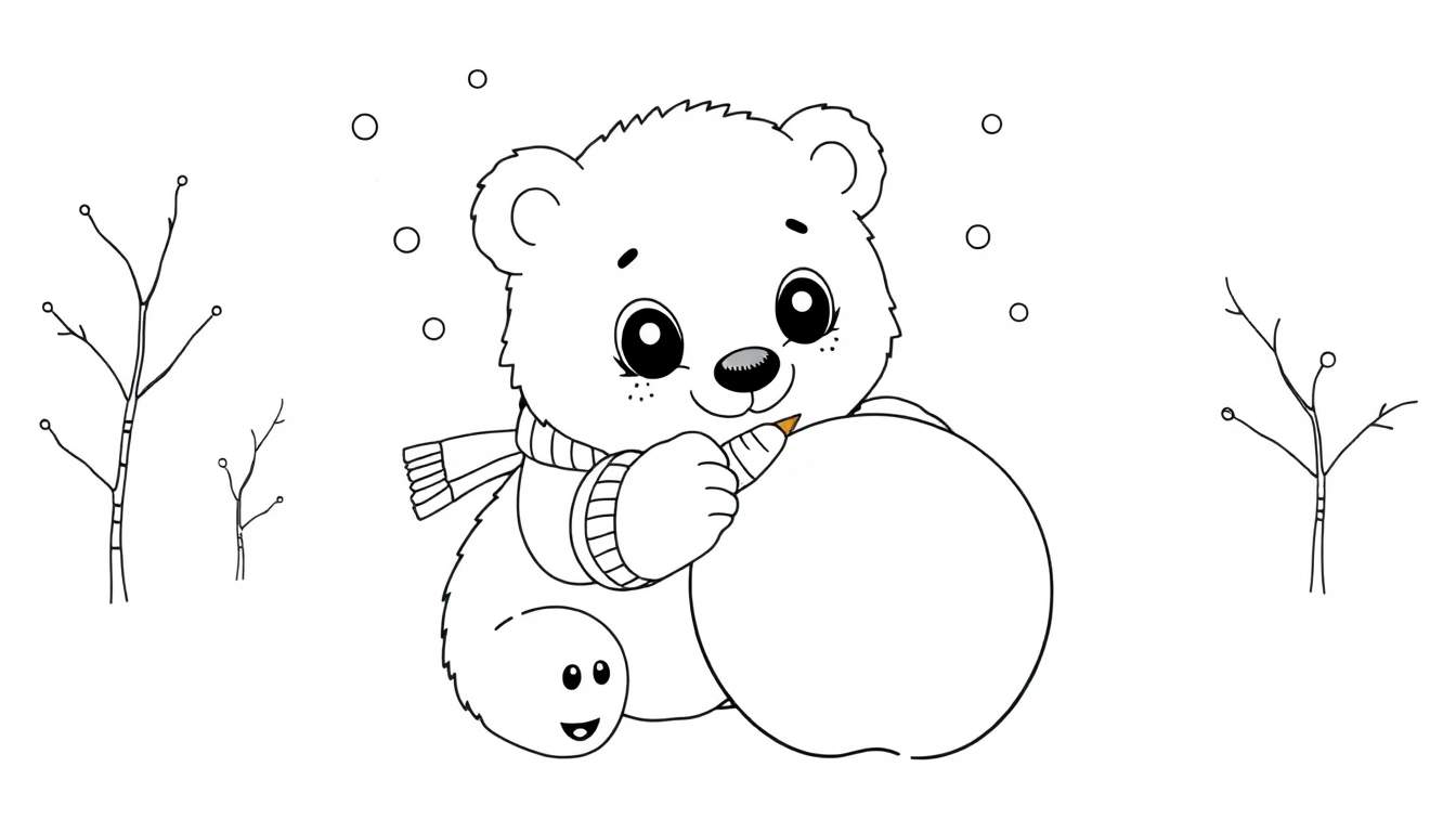 A cute polar bear with a scarf draws on a snowball, a black and white color panel.