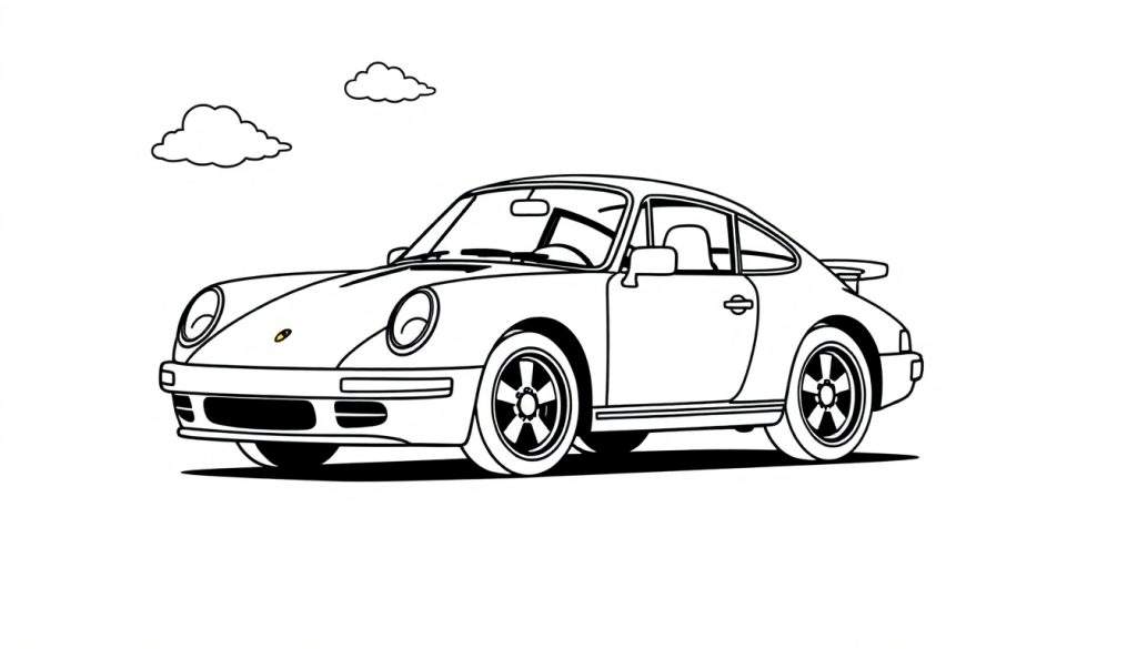 A black and white line drawing of a classic Porsche 911, ready for a color panel.