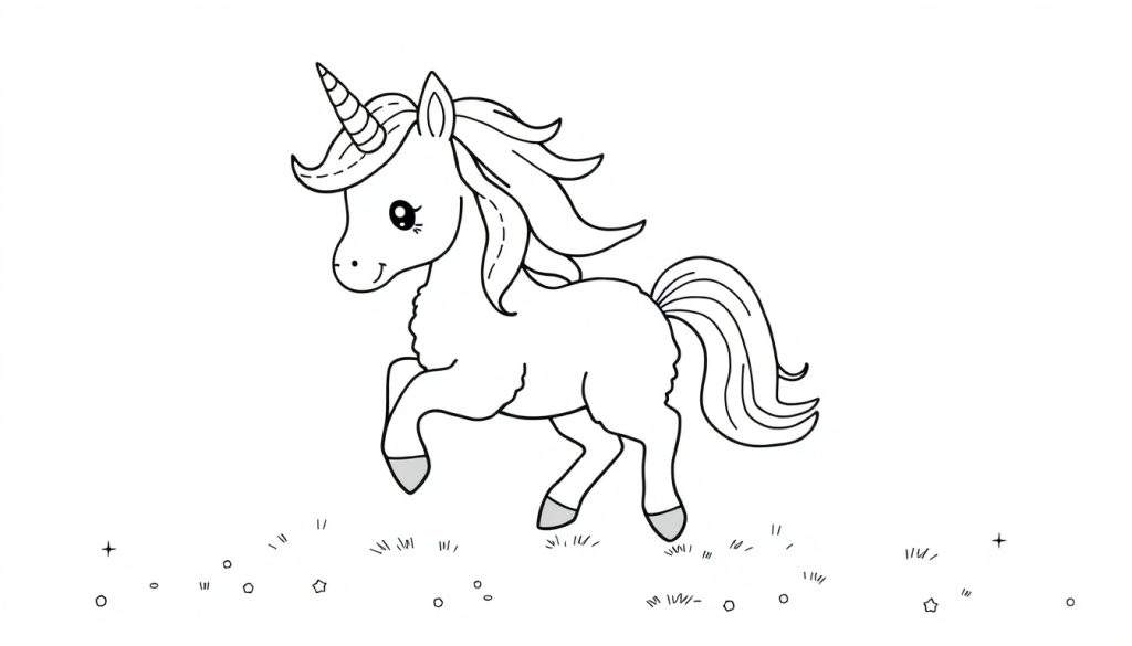 A black and white line art drawing of a prancing unicorn, ready for coloring. This color panel features a happy unicorn with a flowing mane and tail, prancing in a field of stars.