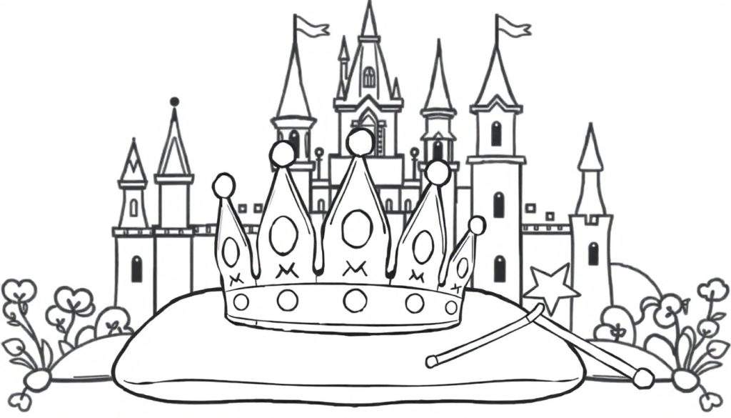 A whimsical black and white outline of a magical castle, a shining crown, and a sparkling wand for a fairy tale color panel.