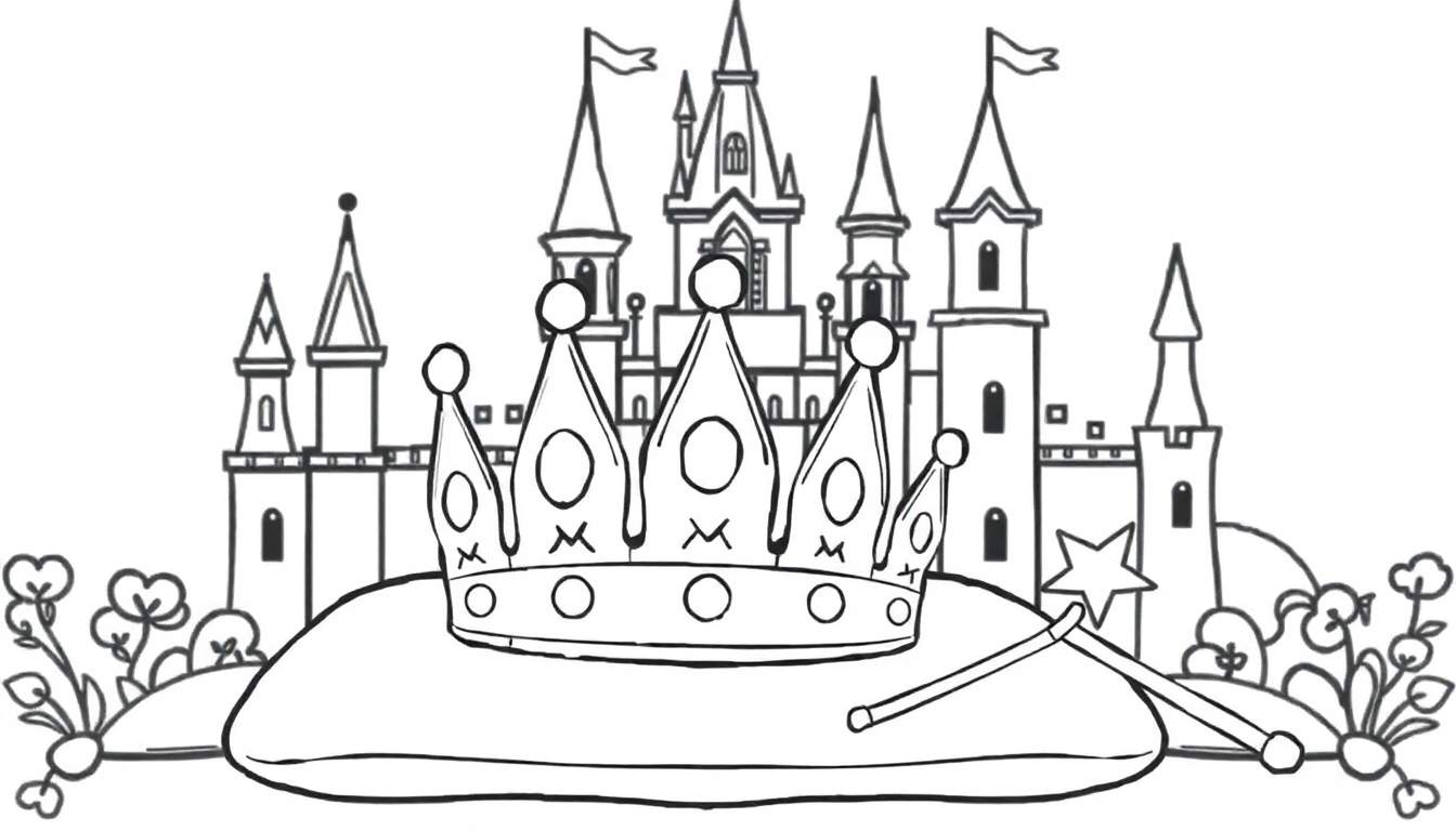 A whimsical black and white outline of a magical castle, a shining crown, and a sparkling wand for a fairy tale color panel.