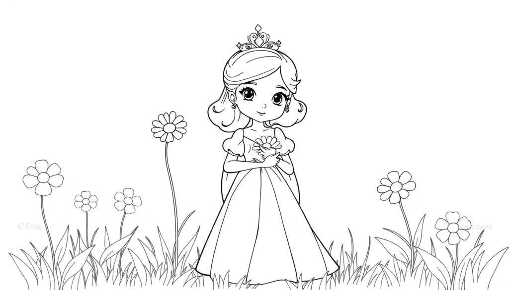 A black and white sketch of a sweet princess in a field of flowers, ready for coloring in a color panel.