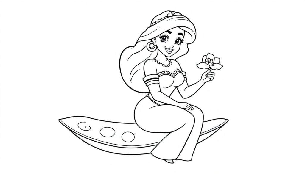 A cute, simple black and white coloring page of Princess Jasmine from Aladdin, ready for a splash of color, sitting on her magic carpet with a flower in hand. This color panel awaits your artistic touch!