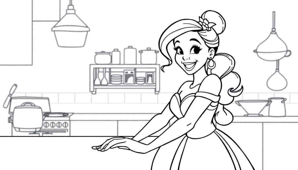 Princess Tiana in her kitchen, ready to cook, a coloring panel.