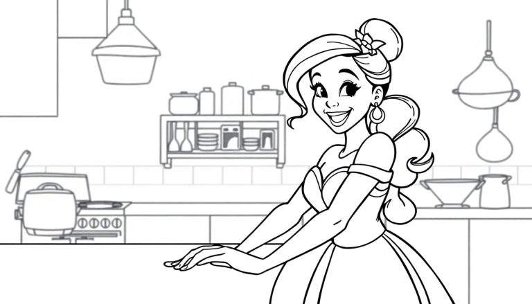 Princess Tiana in her kitchen, ready to cook, a coloring panel.