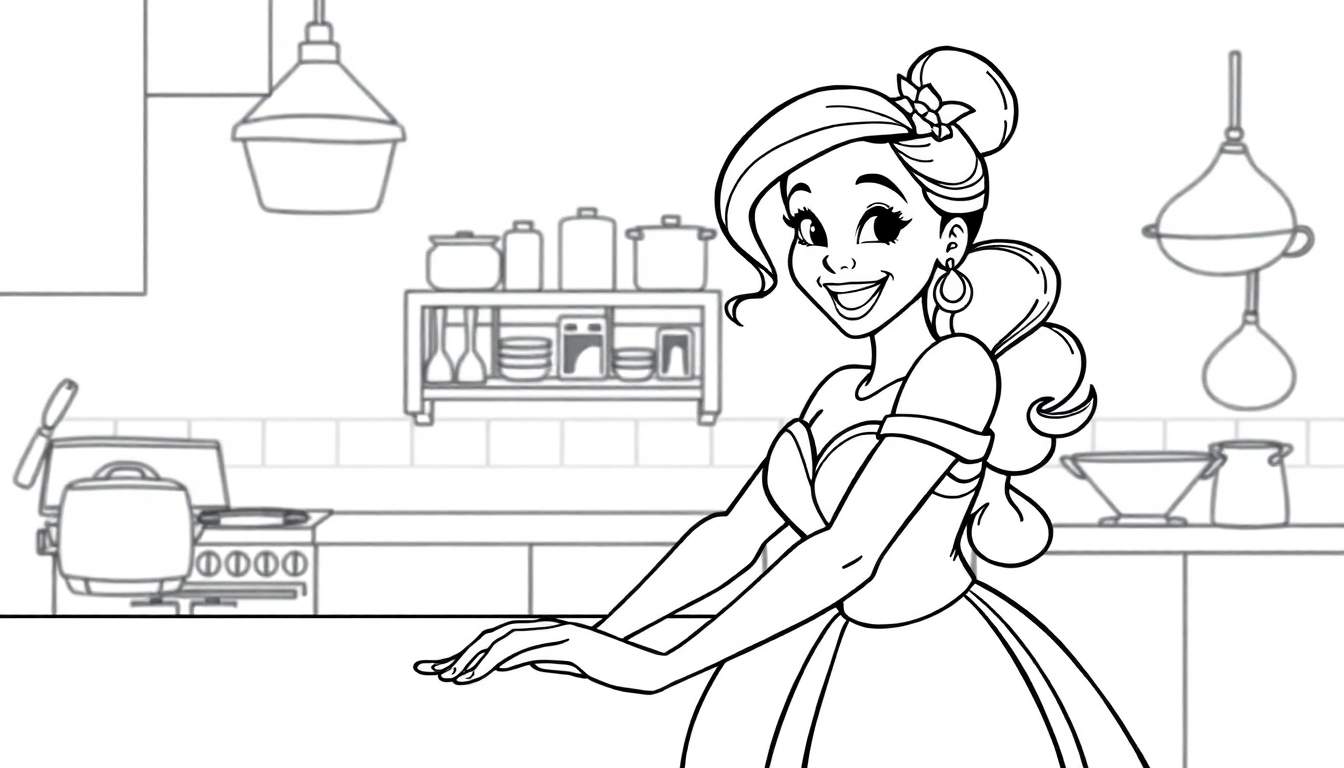 Princess Tiana in her kitchen, ready to cook, a coloring panel.