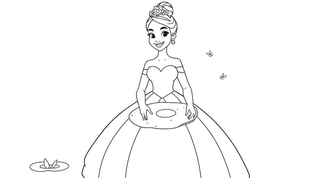 A black and white color panel showing Princess Tiana smiling with a beignet on her lap, flowers in her hair, and fireflies nearby.