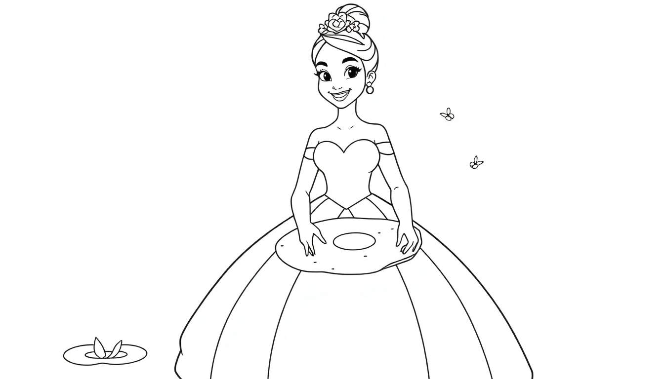 A black and white color panel showing Princess Tiana smiling with a beignet on her lap, flowers in her hair, and fireflies nearby.