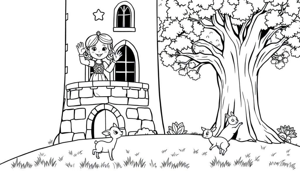 Black and white coloring page of a princess waving from a tower balcony to deer in a forest.