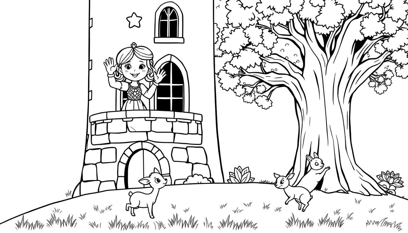 Black and white coloring page of a princess waving from a tower balcony to deer in a forest.