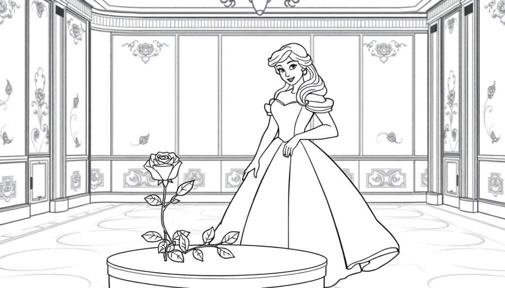 A black and white coloring page of a princess by a rose, ready for a color panel.