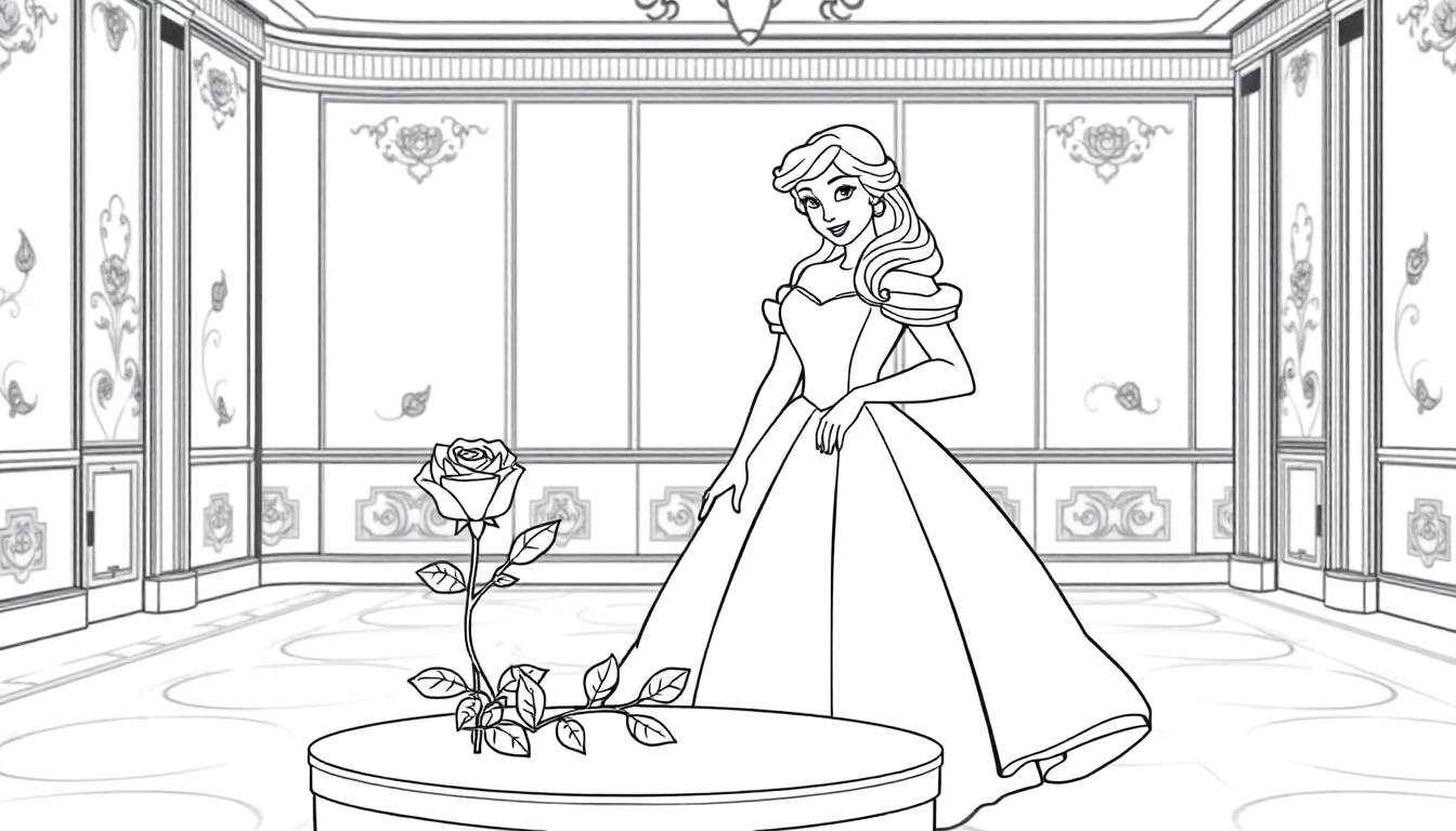 A black and white coloring page of a princess by a rose, ready for a color panel.