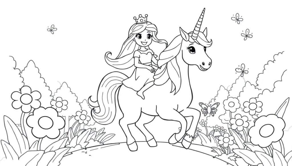 A princess happily riding a unicorn through a forest, perfect for a color panel.