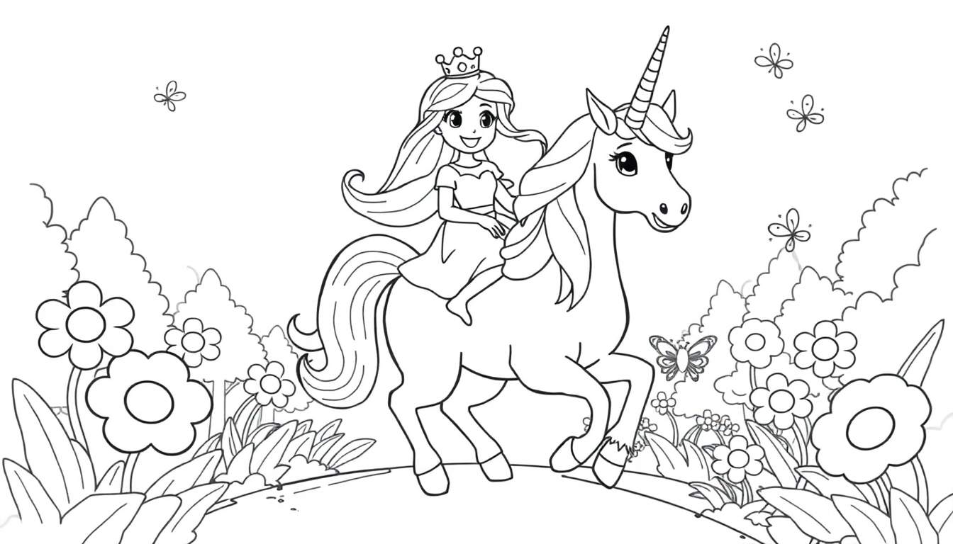 A princess happily riding a unicorn through a forest, perfect for a color panel.