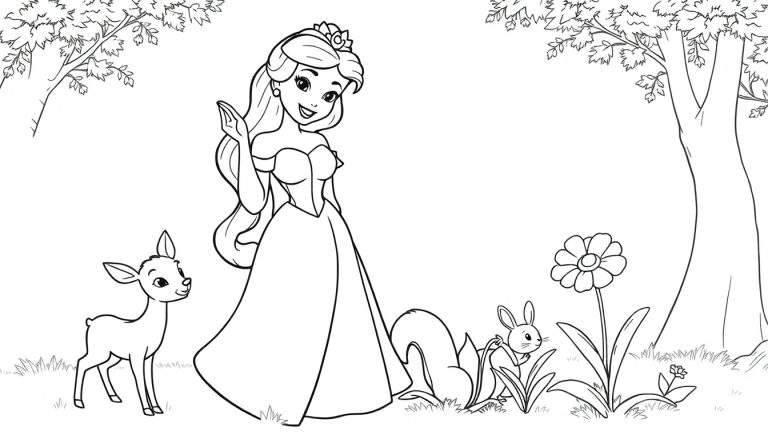 A cute Disney Princess coloring panel waving hello to a fawn, squirrel, and rabbit in a forest.