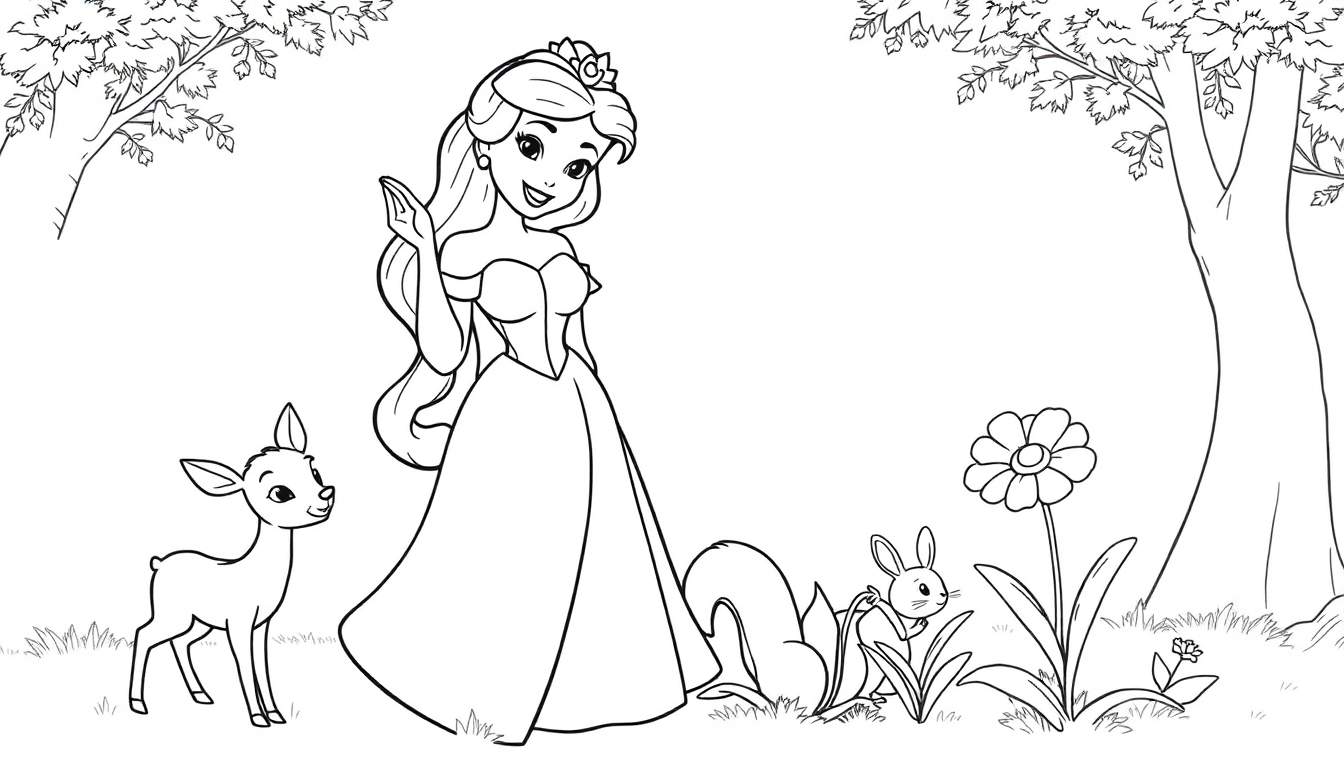 A cute Disney Princess coloring panel waving hello to a fawn, squirrel, and rabbit in a forest.