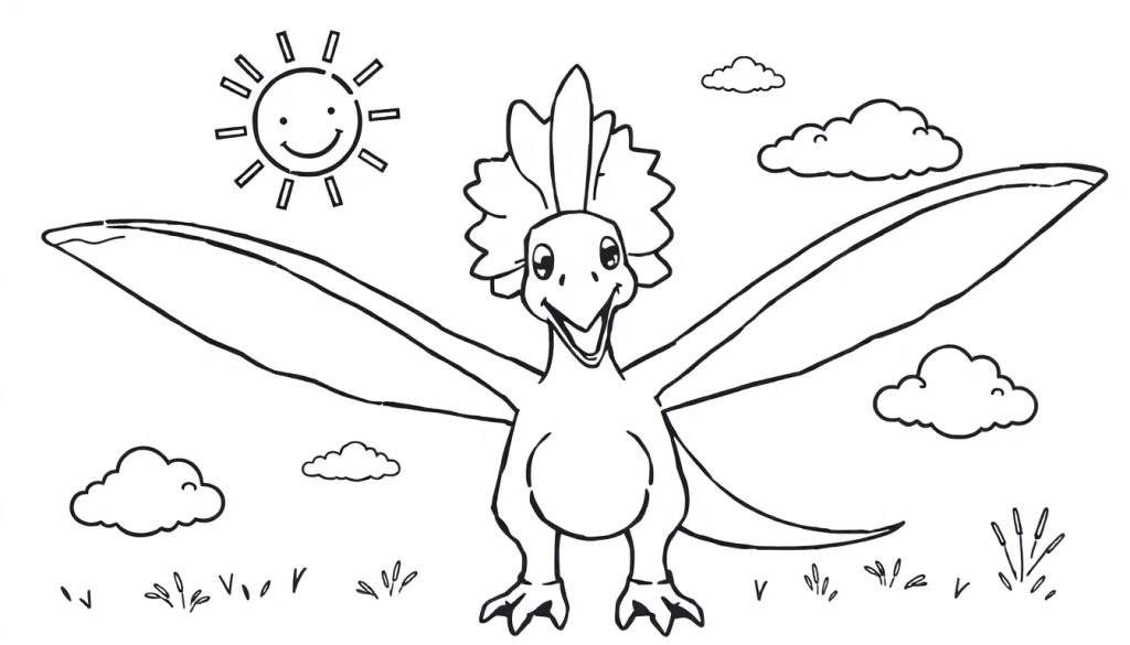A friendly Pteranodon coloring panel in flight against a sunny sky with clouds.