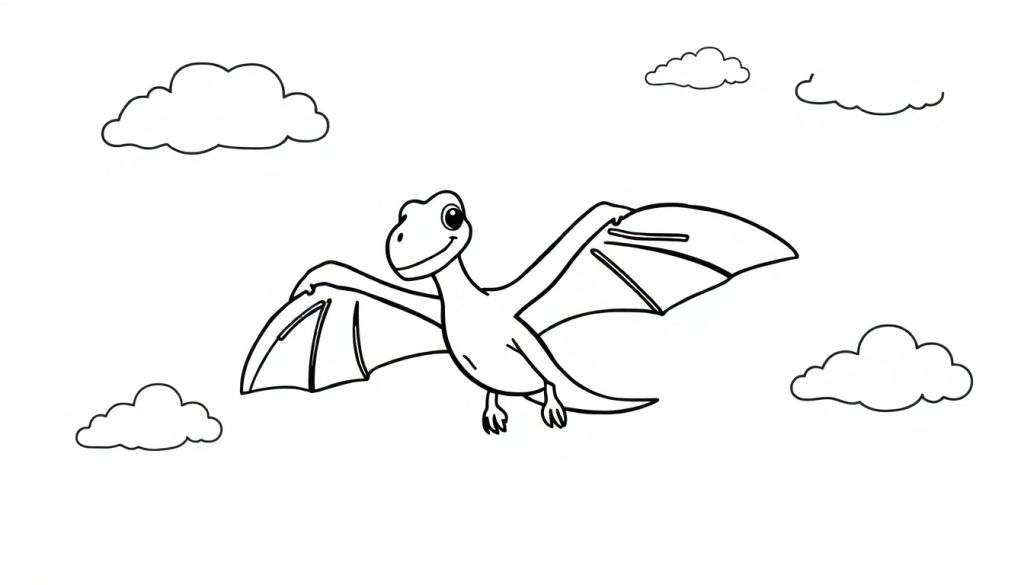 A cartoon pterodactyl with wide wings flying through clouds in a black and white color panel.