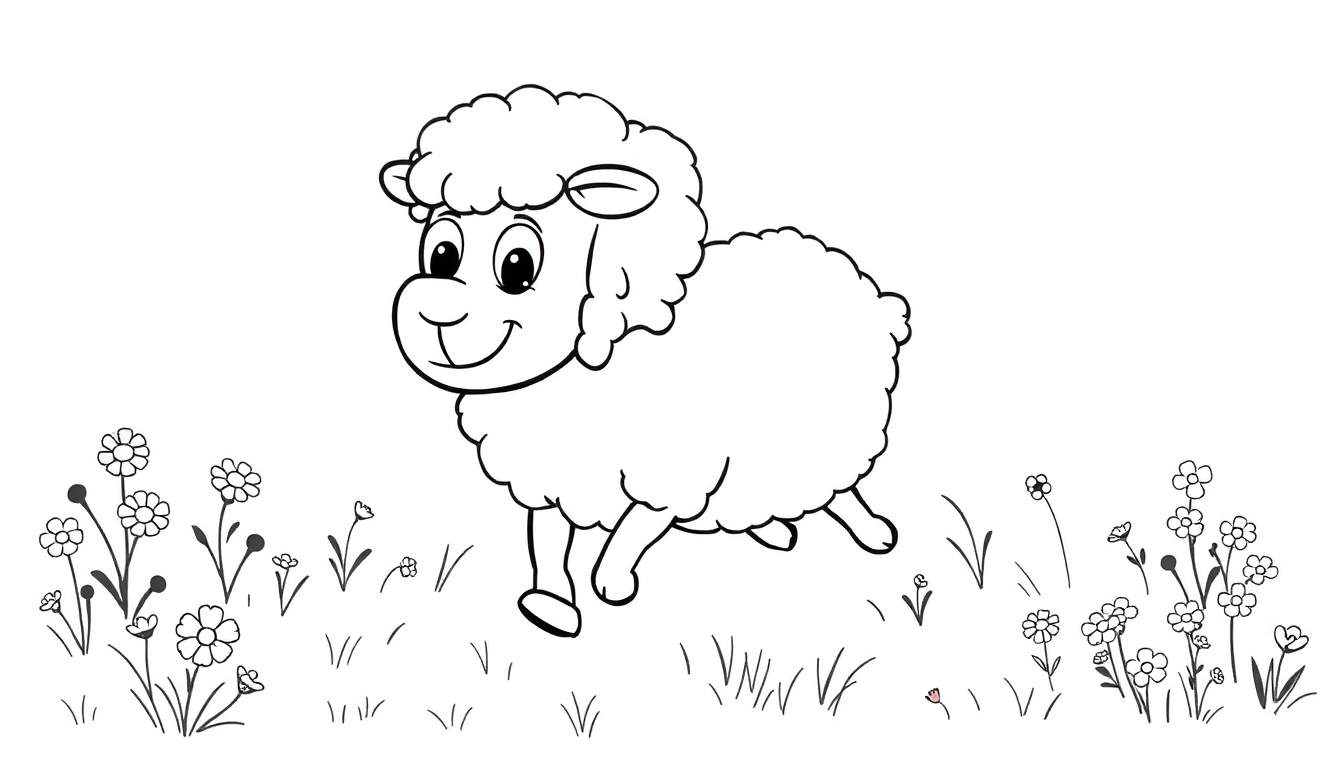 A happy sheep named Puff skipping through a field of flowers and grass, in a black and white coloring page style with a color panel.