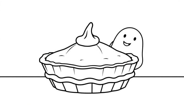 A cute cartoon pumpkin pie color panel with a friendly ghost peeking out from behind it.