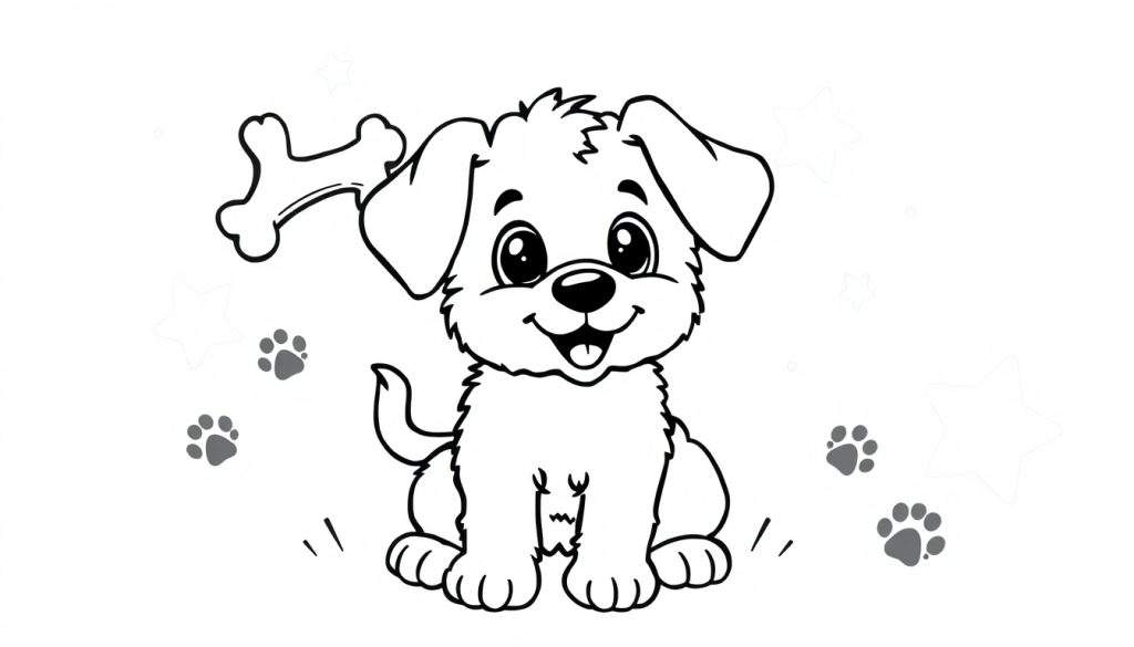 A cute puppy coloring page with bones, paw prints, and stars, a fun color panel for kids.