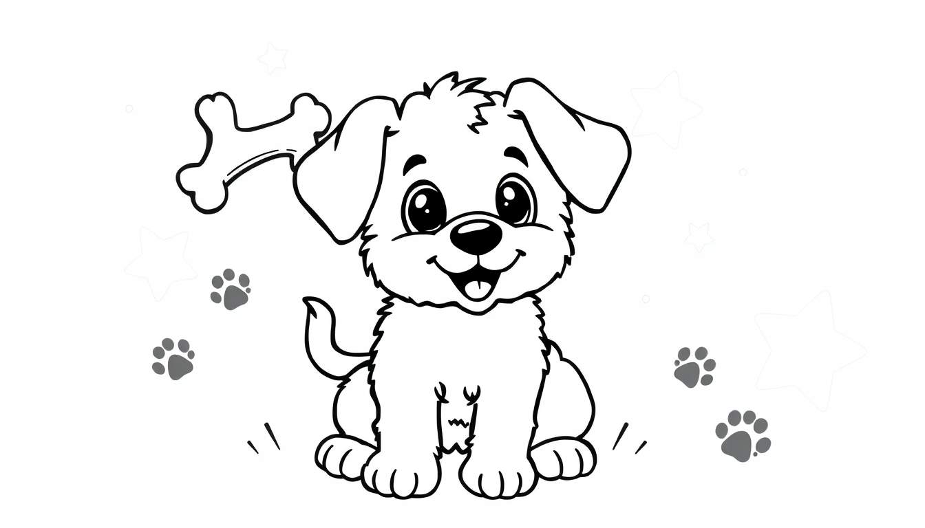 A cute puppy coloring page with bones, paw prints, and stars, a fun color panel for kids.