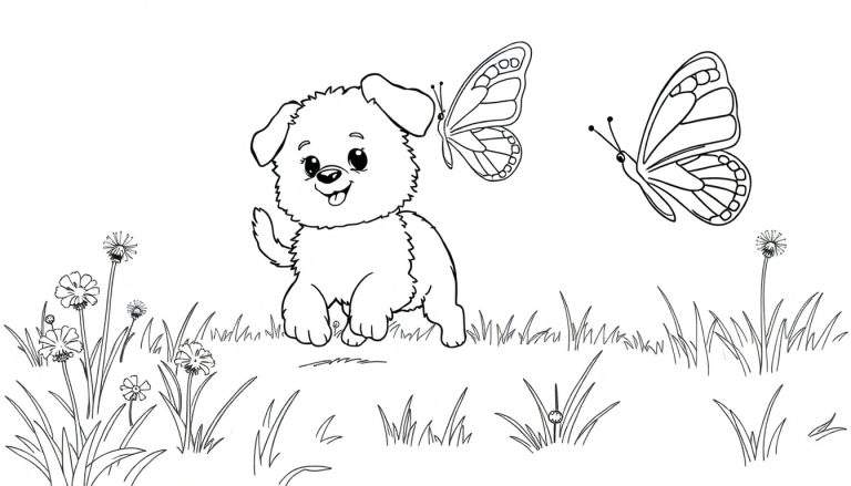 A cute puppy coloring panel with butterflies.