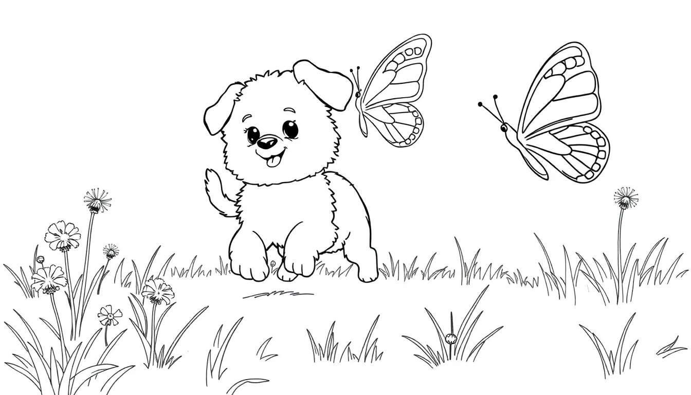 A cute puppy coloring panel with butterflies.
