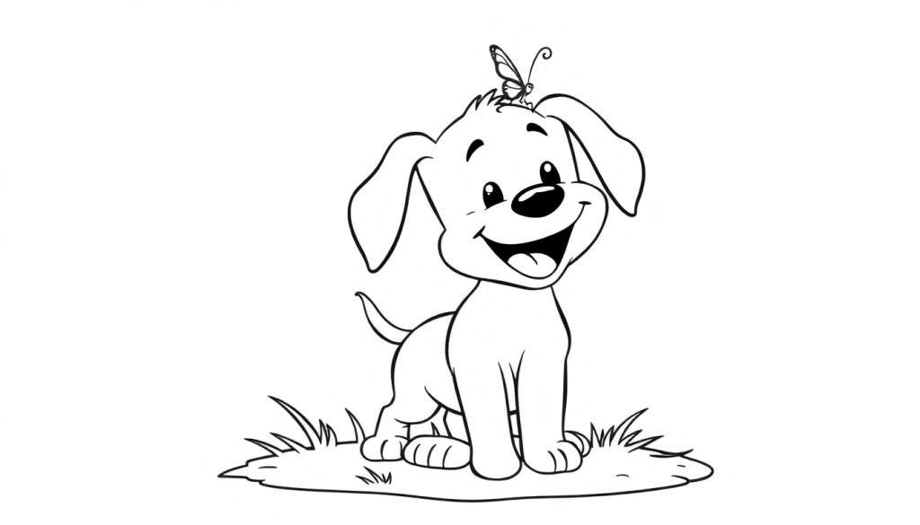 A happy cartoon puppy ready for coloring, with a butterfly on its head, a fun color panel.